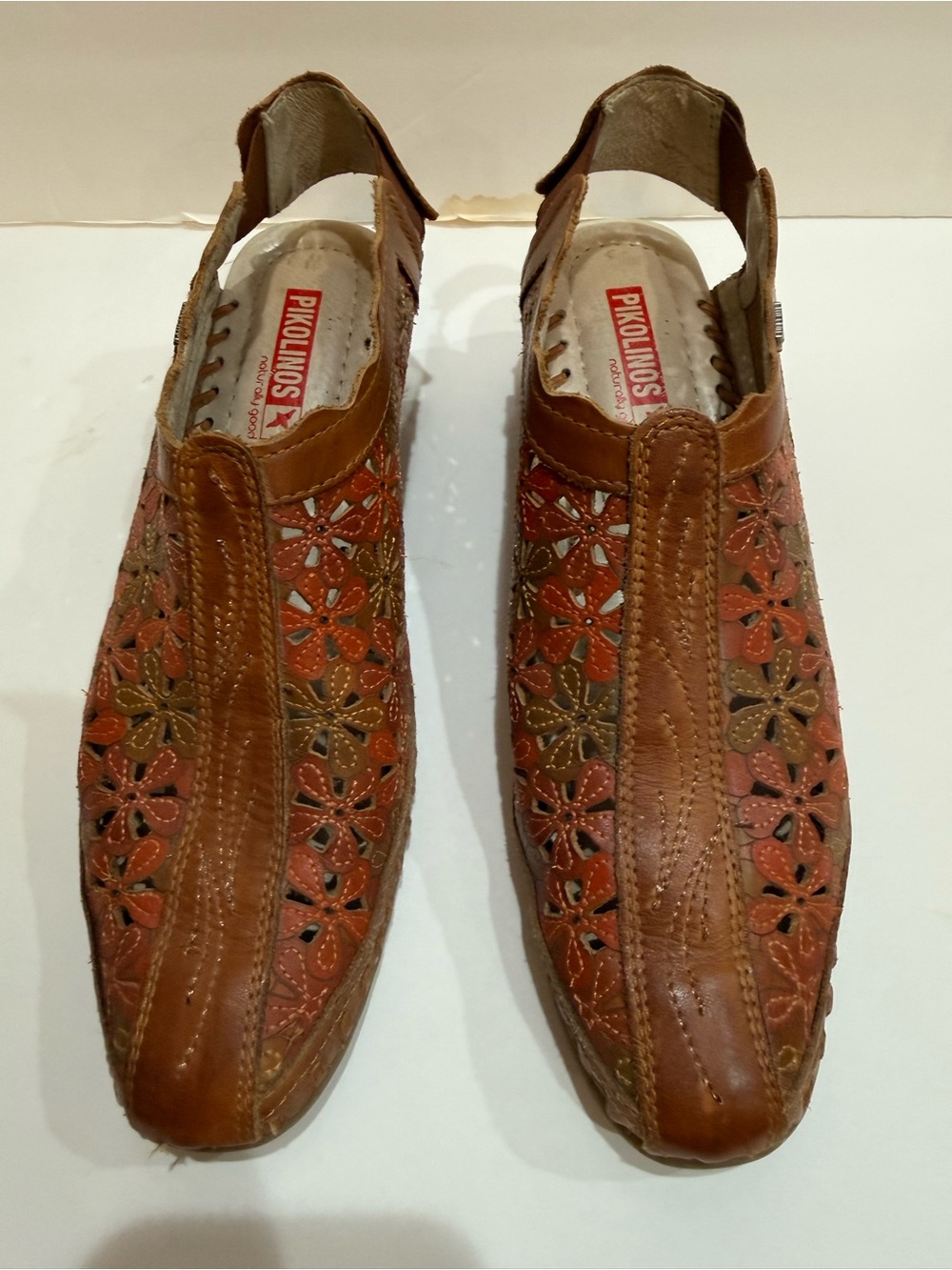 Pikolinos Perforated Leather Mules Women 38 (7.5) 2 In Heel Elastic Back Strap
